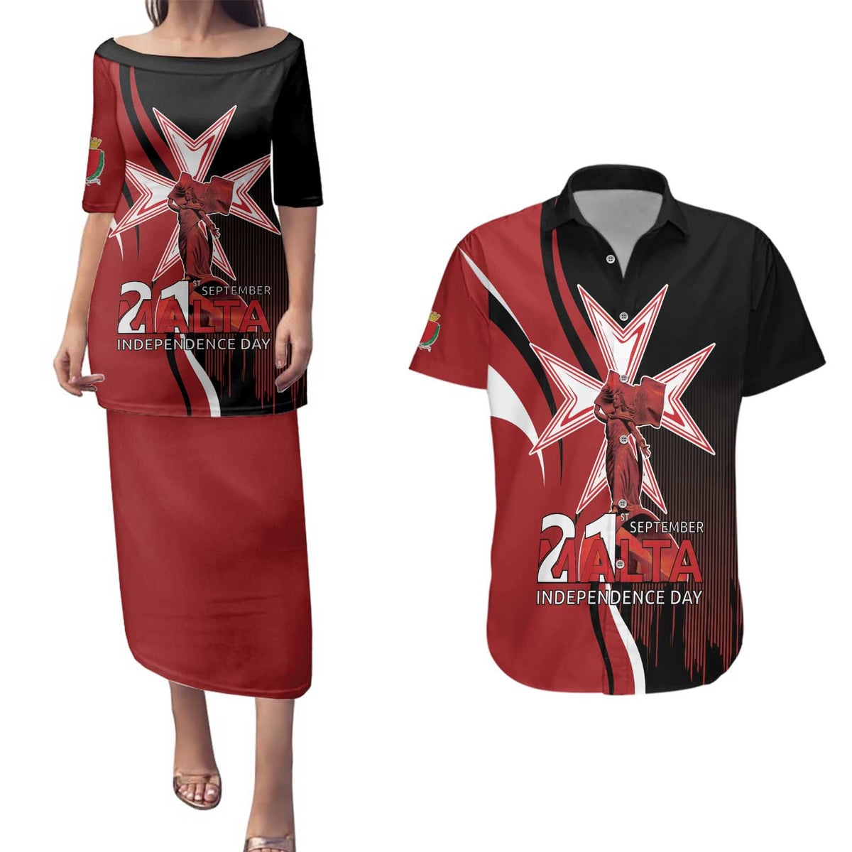 Personalized Malta Independence Day Couples Matching Puletasi and Hawaiian Shirt Maltese Cross With Independence Monument