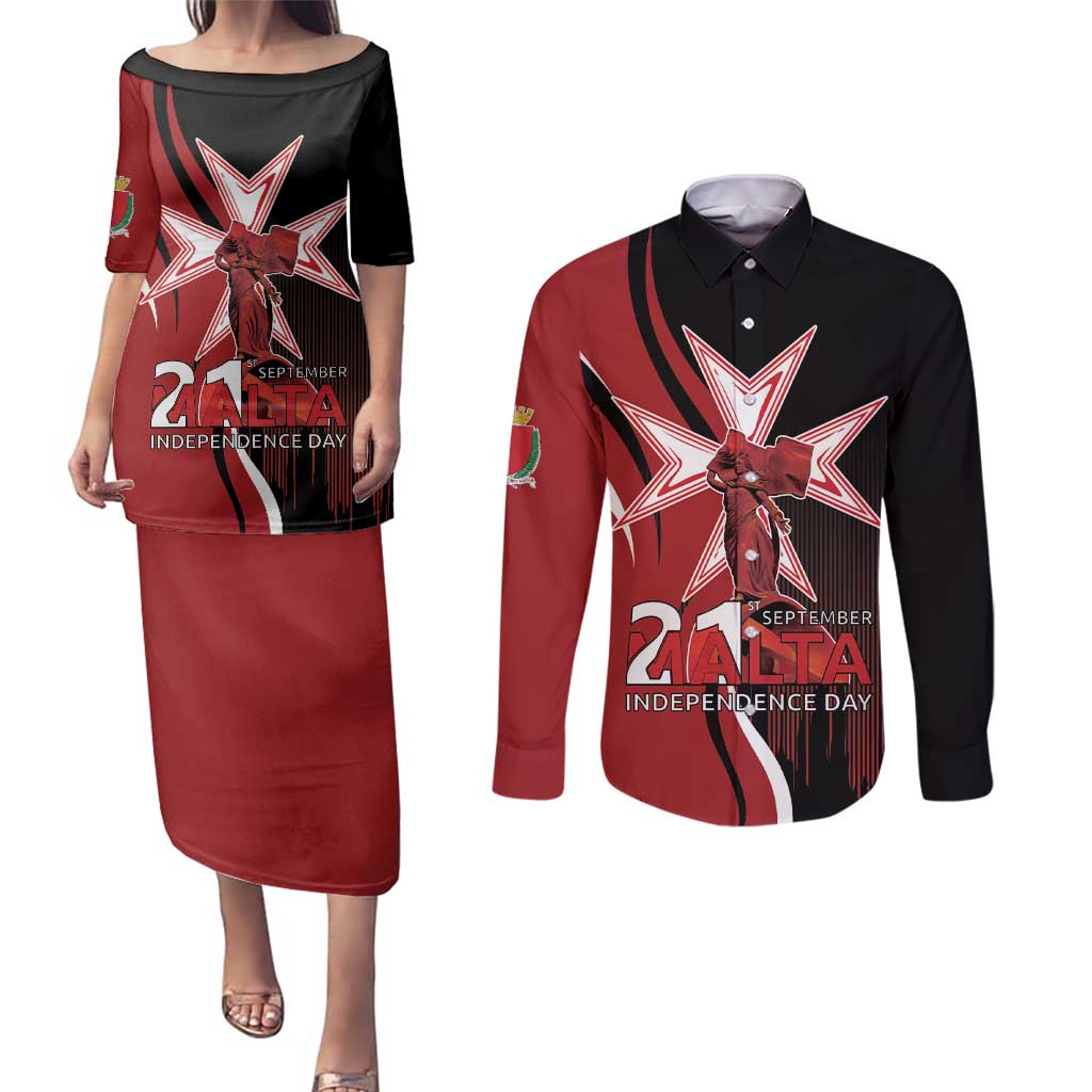 Personalized Malta Independence Day Couples Matching Puletasi and Long Sleeve Button Shirt Maltese Cross With Independence Monument