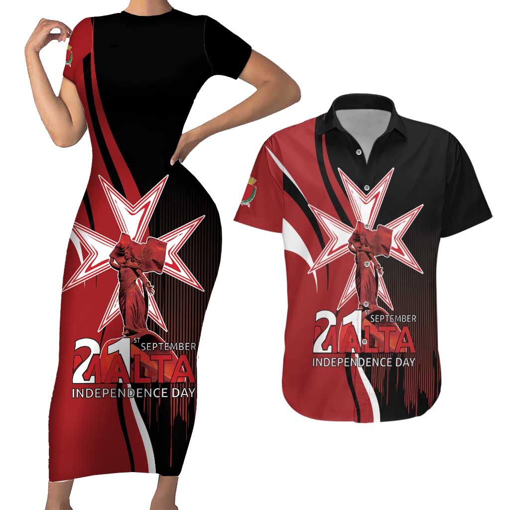 Personalized Malta Independence Day Couples Matching Short Sleeve Bodycon Dress and Hawaiian Shirt Maltese Cross With Independence Monument