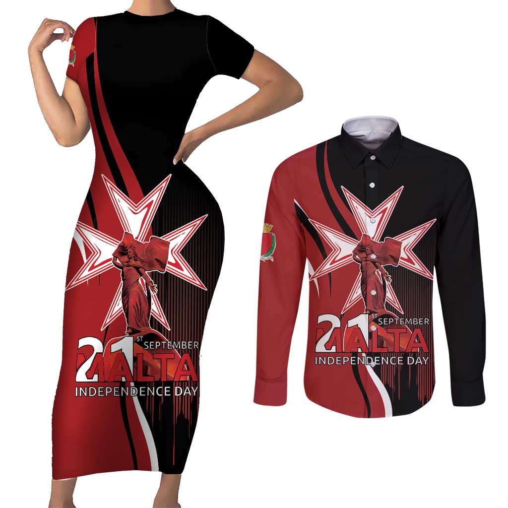 Personalized Malta Independence Day Couples Matching Short Sleeve Bodycon Dress and Long Sleeve Button Shirt Maltese Cross With Independence Monument