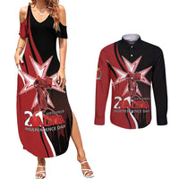 Personalized Malta Independence Day Couples Matching Summer Maxi Dress and Long Sleeve Button Shirt Maltese Cross With Independence Monument