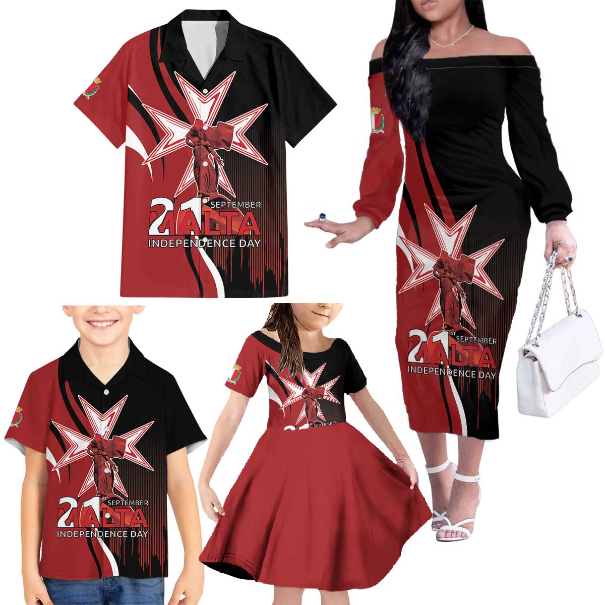 Personalized Malta Independence Day Family Matching Off The Shoulder Long Sleeve Dress and Hawaiian Shirt Maltese Cross With Independence Monument