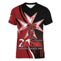 Personalized Malta Independence Day Women V-Neck T-Shirt Maltese Cross With Independence Monument