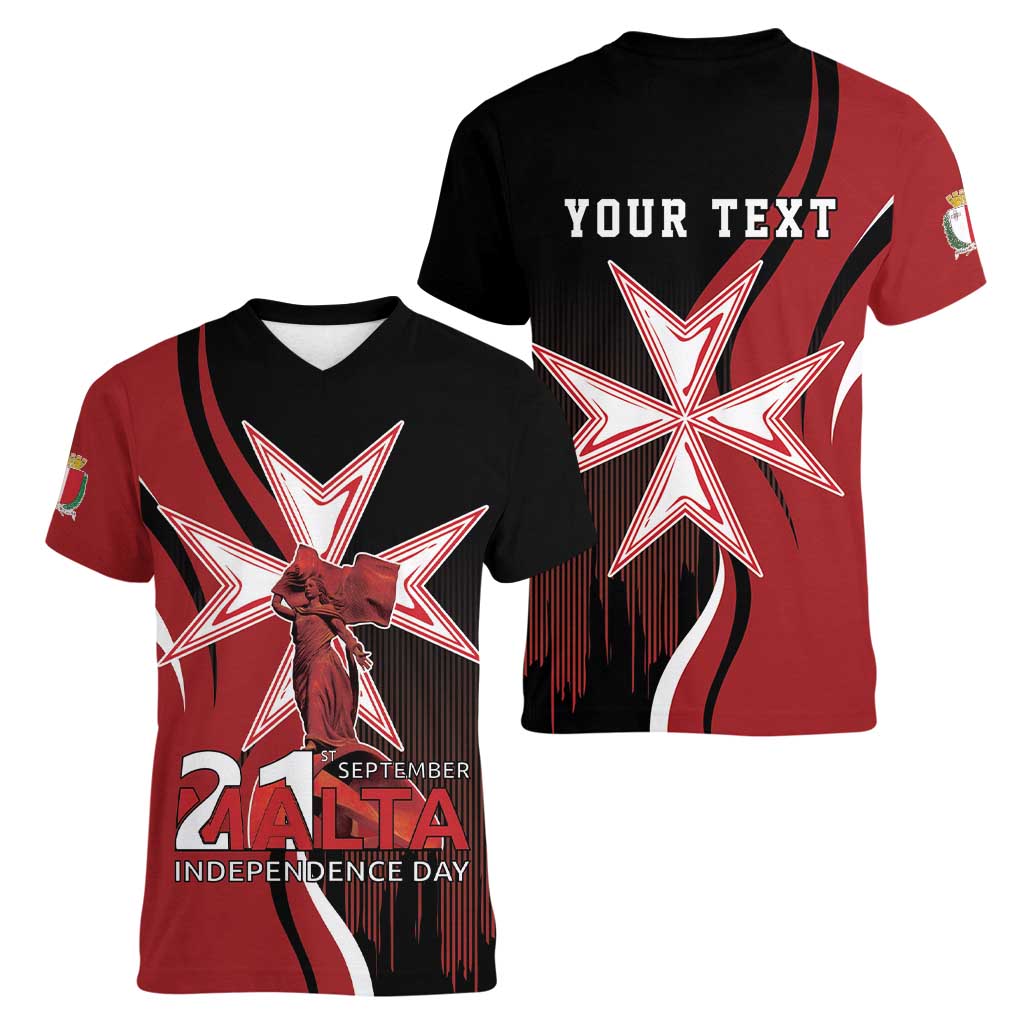 Personalized Malta Independence Day Women V-Neck T-Shirt Maltese Cross With Independence Monument