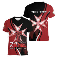 Personalized Malta Independence Day Women V-Neck T-Shirt Maltese Cross With Independence Monument