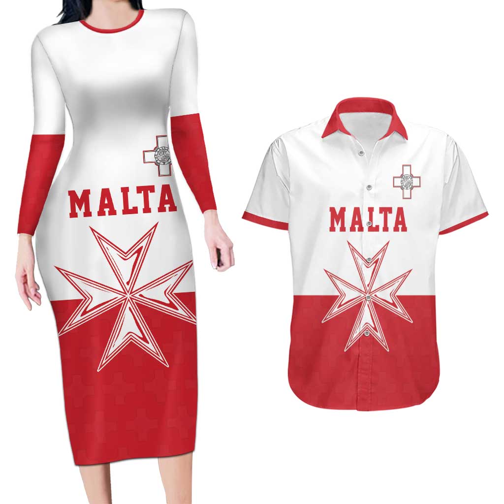 Custom Malta Football Couples Matching Long Sleeve Bodycon Dress and Hawaiian Shirt Tim nazzjonali tal-futbol ta Malta