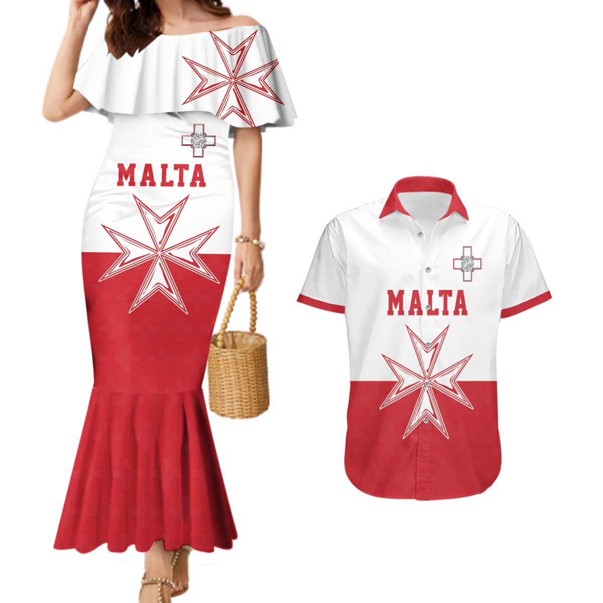 Custom Malta Football Couples Matching Mermaid Dress and Hawaiian Shirt Tim nazzjonali tal-futbol ta Malta