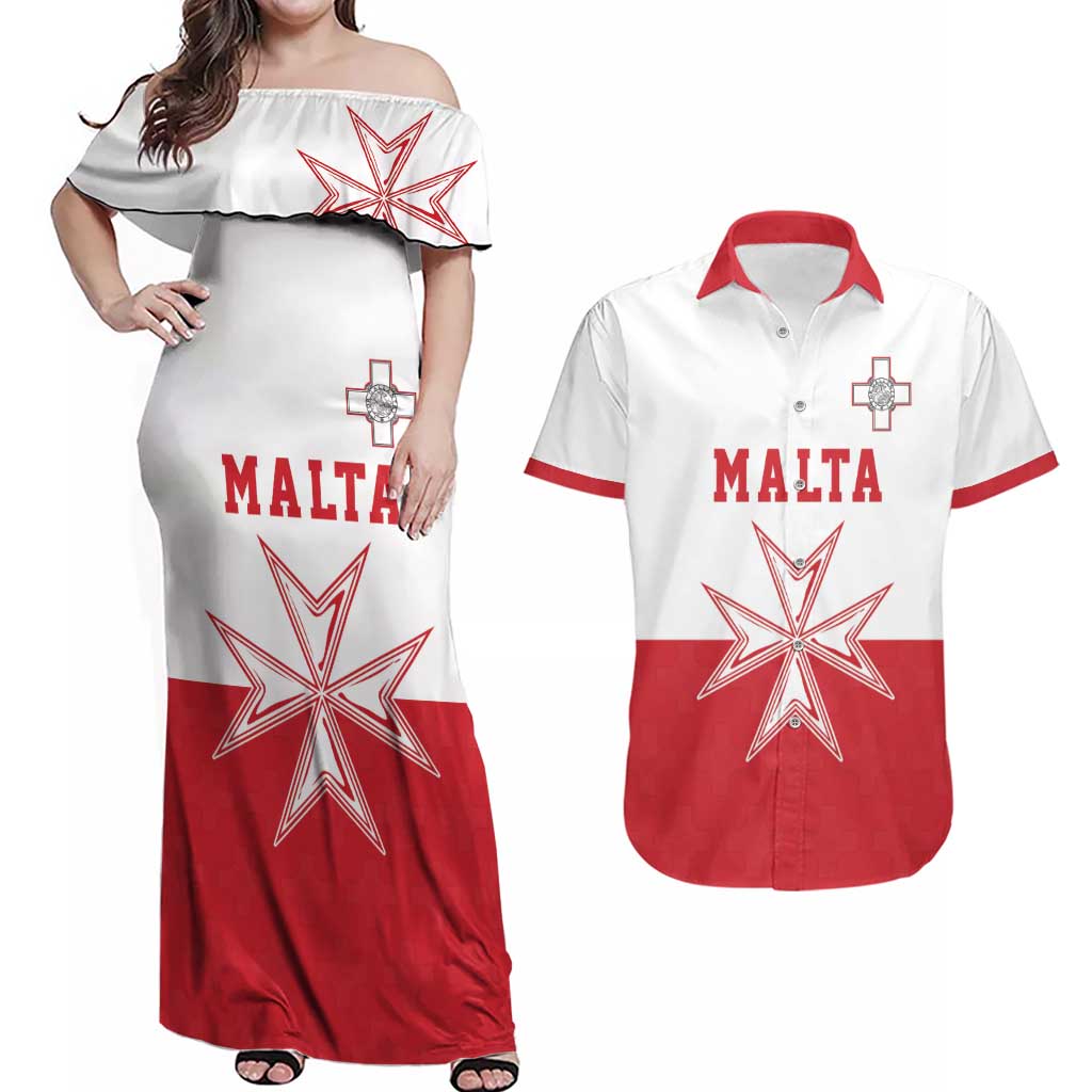Custom Malta Football Couples Matching Off Shoulder Maxi Dress and Hawaiian Shirt Tim nazzjonali tal-futbol ta Malta