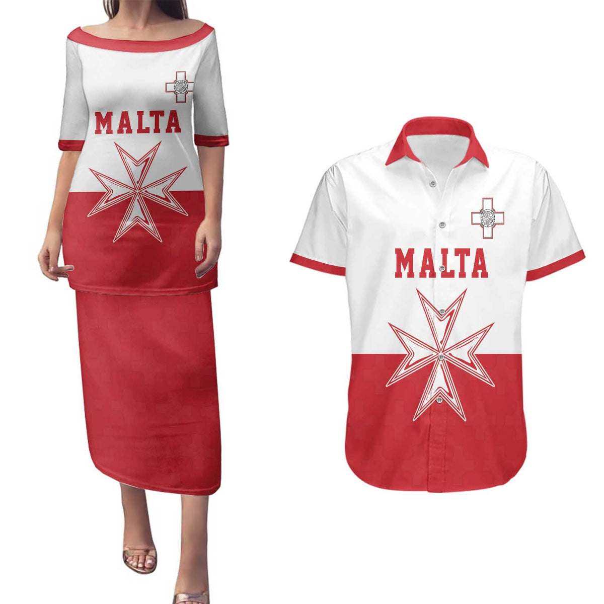 Custom Malta Football Couples Matching Puletasi and Hawaiian Shirt Tim nazzjonali tal-futbol ta Malta