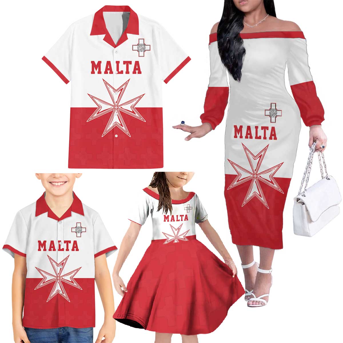 Custom Malta Football Family Matching Off The Shoulder Long Sleeve Dress and Hawaiian Shirt Tim nazzjonali tal-futbol ta Malta