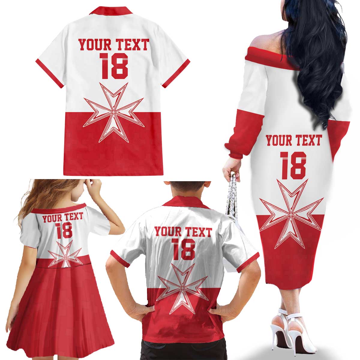 Custom Malta Football Family Matching Off The Shoulder Long Sleeve Dress and Hawaiian Shirt Tim nazzjonali tal-futbol ta Malta