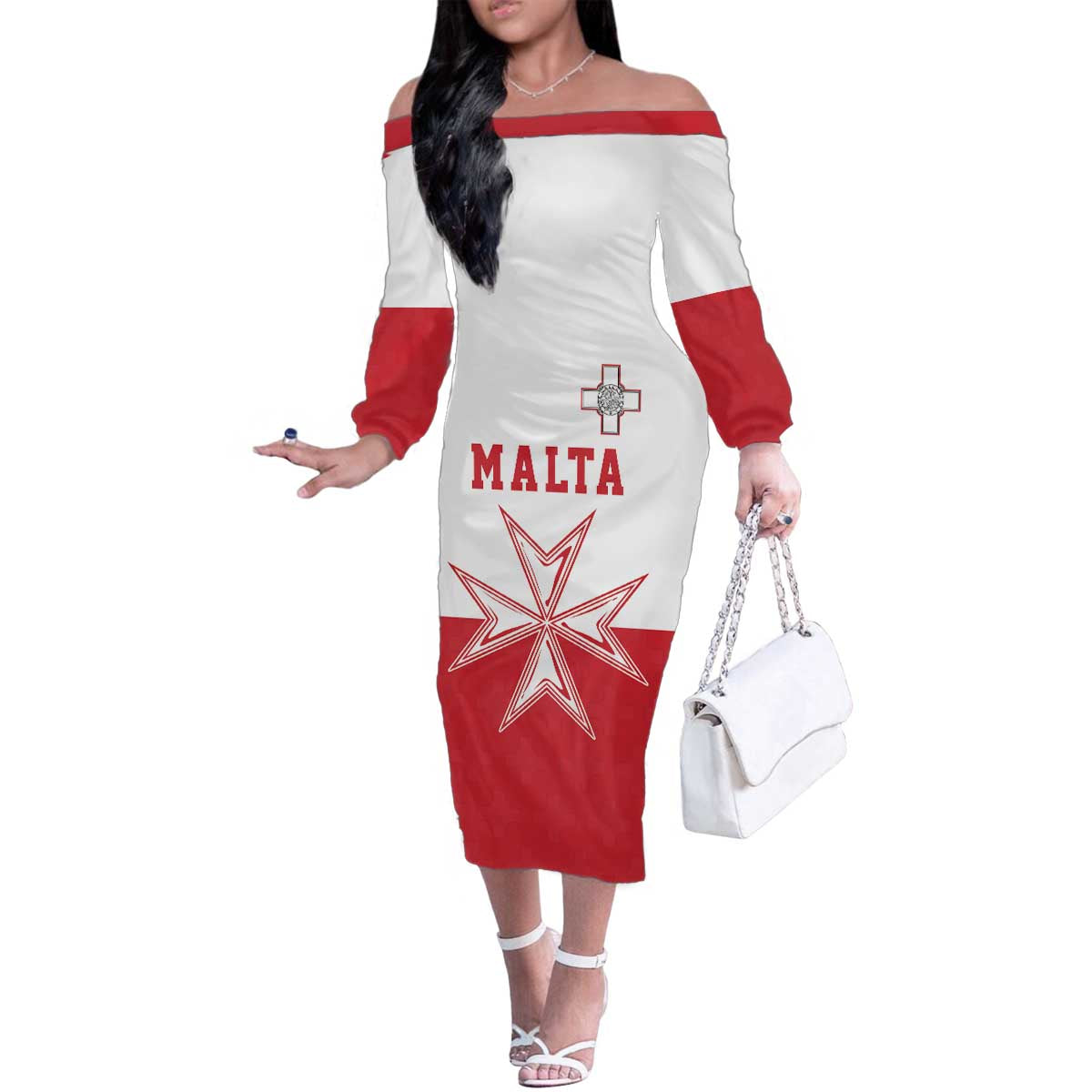 Custom Malta Football Family Matching Off The Shoulder Long Sleeve Dress and Hawaiian Shirt Tim nazzjonali tal-futbol ta Malta