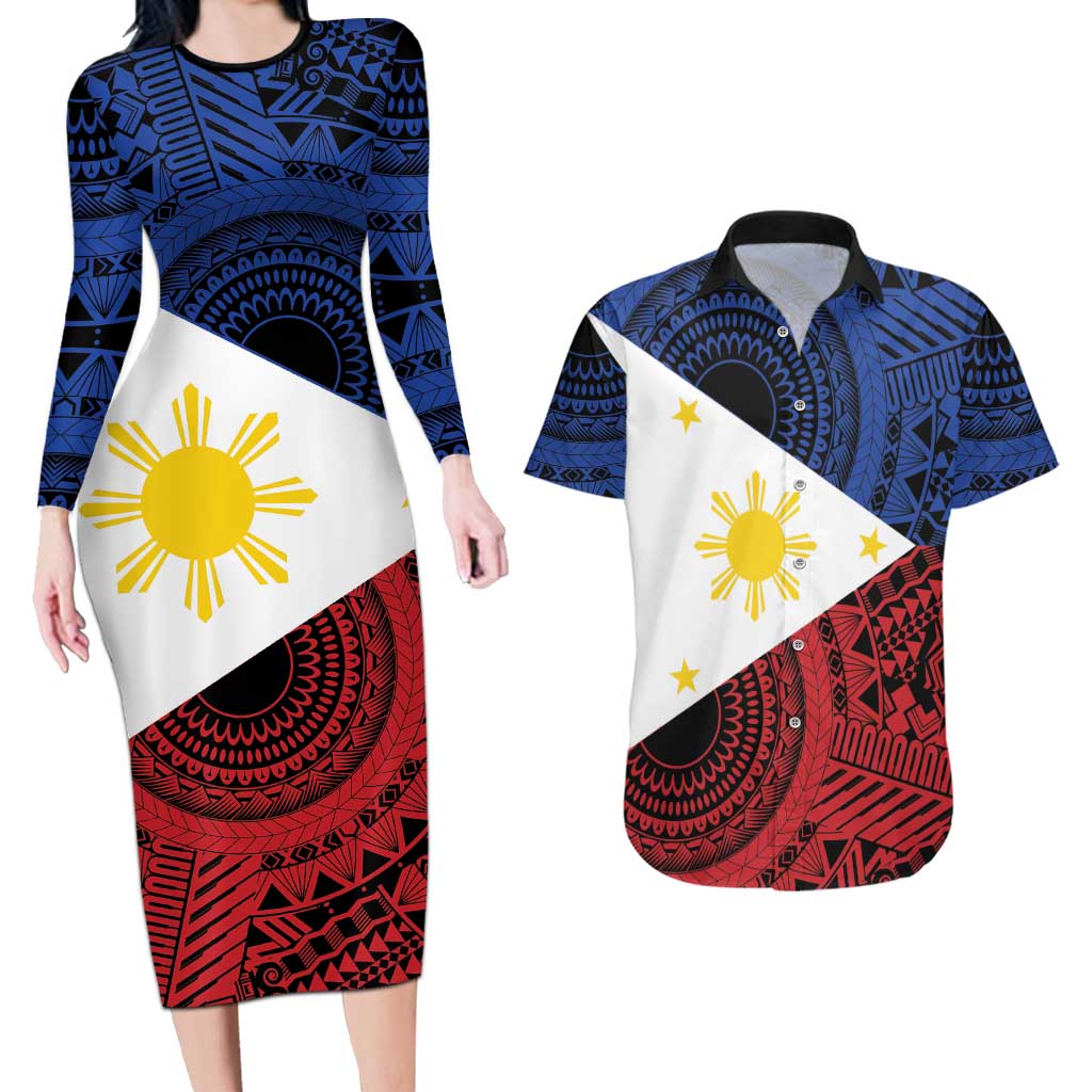 Philippines National Flag Day Couples Matching Long Sleeve Bodycon Dress and Hawaiian Shirt Filipino Tribal Pattern