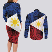 Philippines National Flag Day Couples Matching Long Sleeve Bodycon Dress and Long Sleeve Button Shirt Filipino Tribal Pattern
