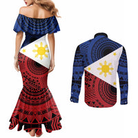 Philippines National Flag Day Couples Matching Mermaid Dress and Long Sleeve Button Shirt Filipino Tribal Pattern
