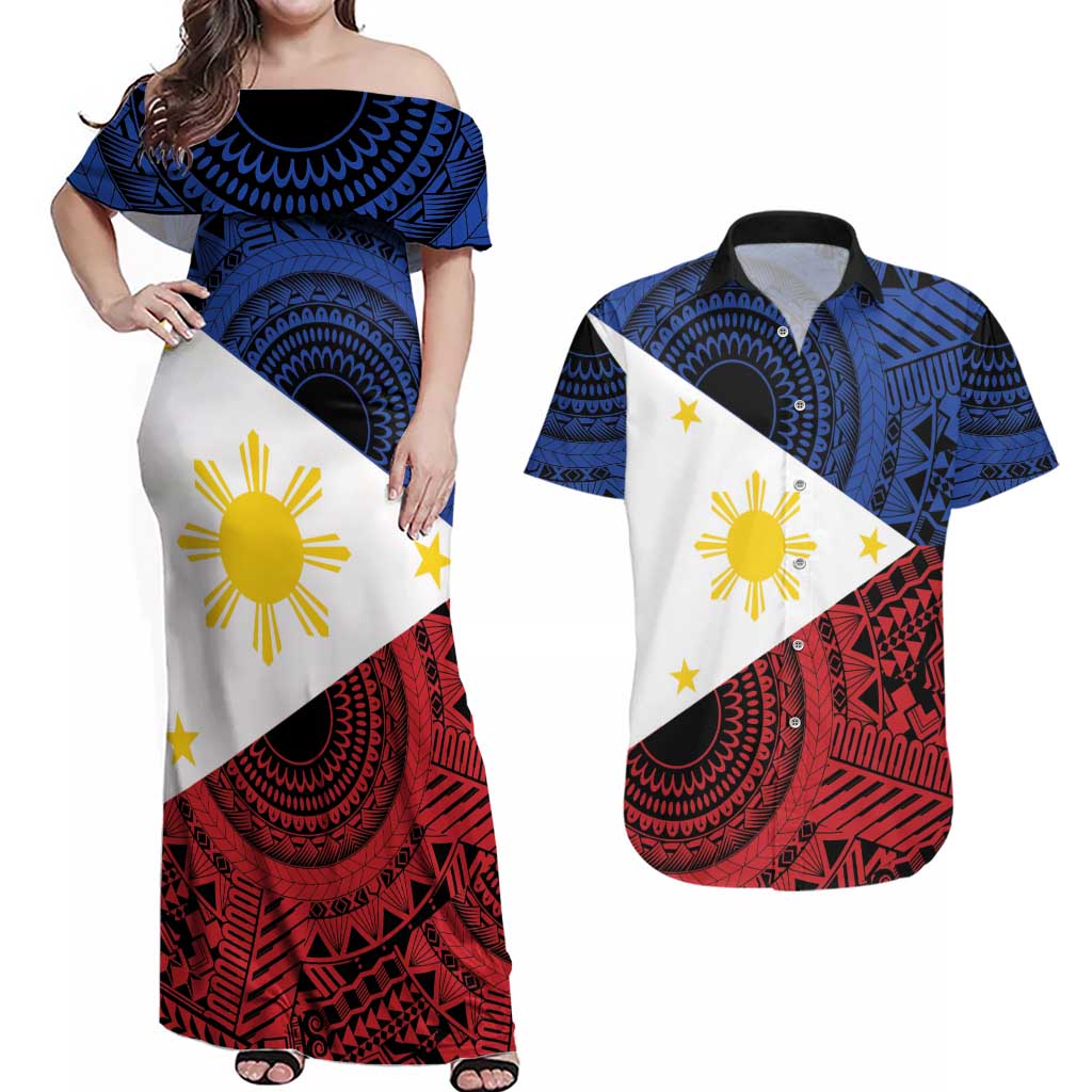 Philippines National Flag Day Couples Matching Off Shoulder Maxi Dress and Hawaiian Shirt Filipino Tribal Pattern