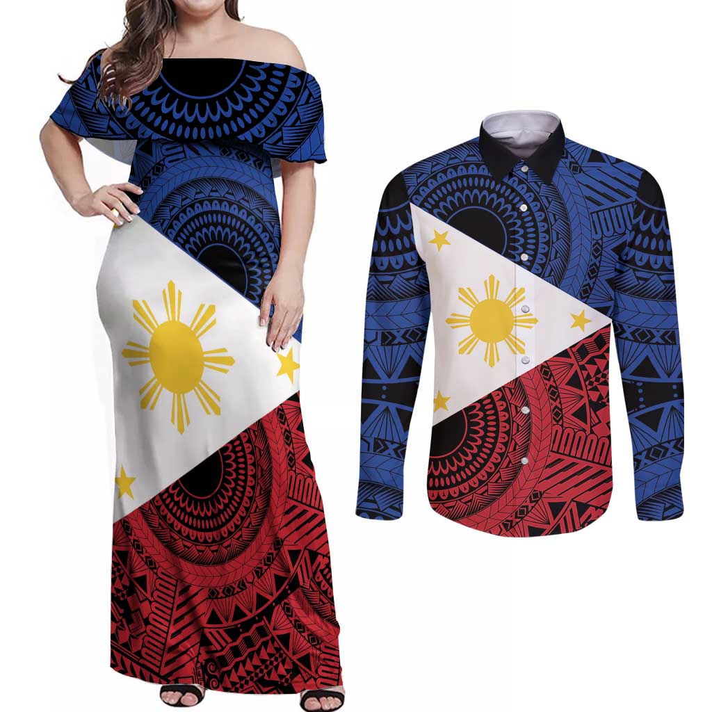 Philippines National Flag Day Couples Matching Off Shoulder Maxi Dress and Long Sleeve Button Shirt Filipino Tribal Pattern