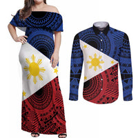 Philippines National Flag Day Couples Matching Off Shoulder Maxi Dress and Long Sleeve Button Shirt Filipino Tribal Pattern