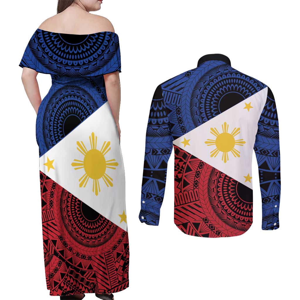 Philippines National Flag Day Couples Matching Off Shoulder Maxi Dress and Long Sleeve Button Shirt Filipino Tribal Pattern