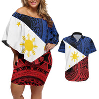 Philippines National Flag Day Couples Matching Off Shoulder Short Dress and Hawaiian Shirt Filipino Tribal Pattern