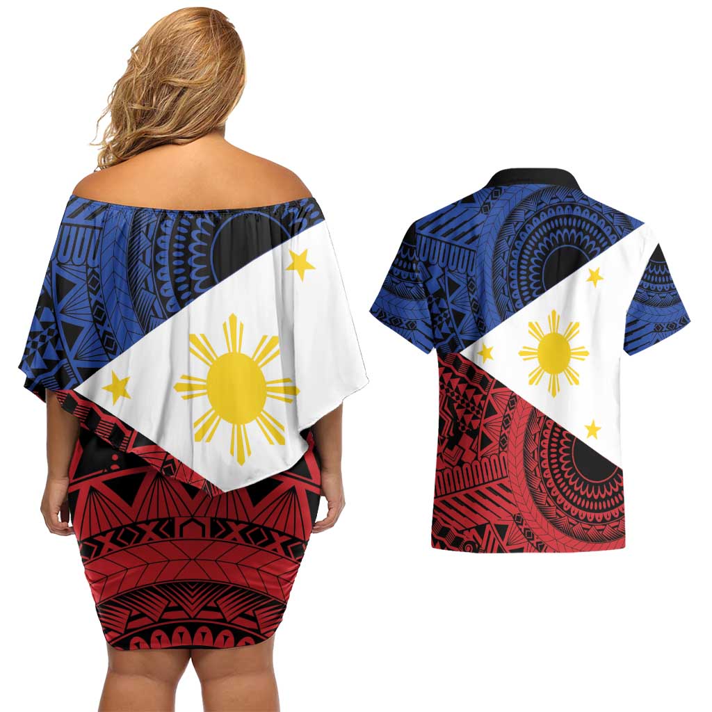 Philippines National Flag Day Couples Matching Off Shoulder Short Dress and Hawaiian Shirt Filipino Tribal Pattern