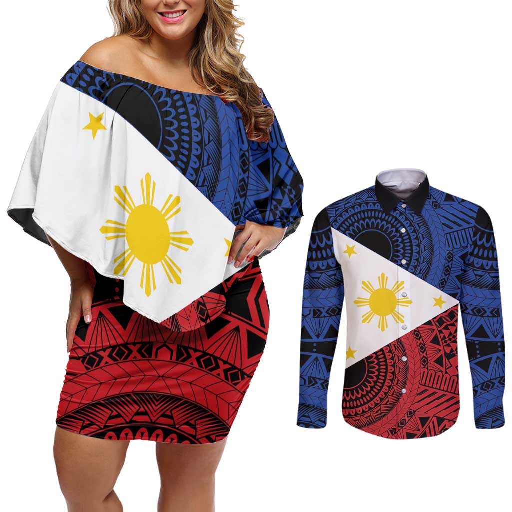 Philippines National Flag Day Couples Matching Off Shoulder Short Dress and Long Sleeve Button Shirt Filipino Tribal Pattern