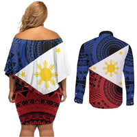 Philippines National Flag Day Couples Matching Off Shoulder Short Dress and Long Sleeve Button Shirt Filipino Tribal Pattern