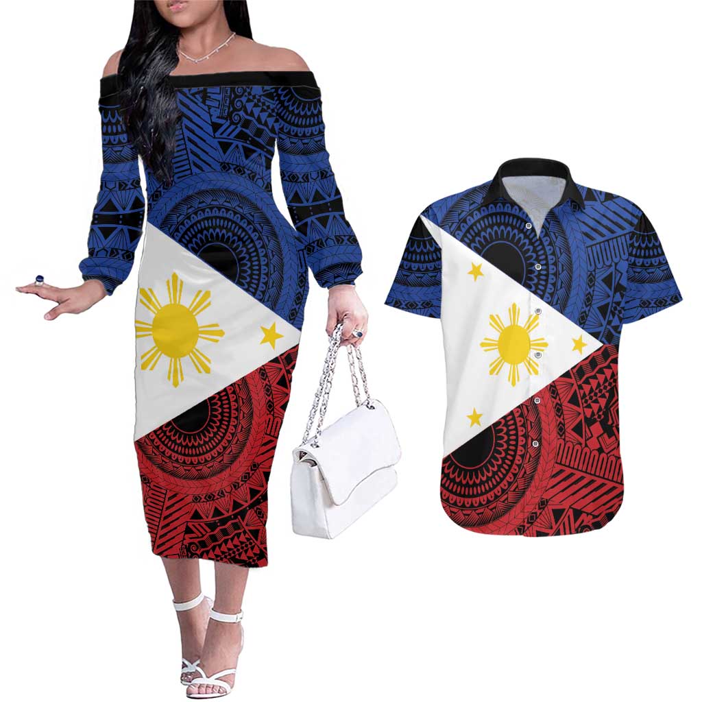 Philippines National Flag Day Couples Matching Off The Shoulder Long Sleeve Dress and Hawaiian Shirt Filipino Tribal Pattern