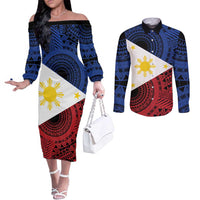 Philippines National Flag Day Couples Matching Off The Shoulder Long Sleeve Dress and Long Sleeve Button Shirt Filipino Tribal Pattern