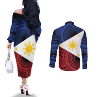 Philippines National Flag Day Couples Matching Off The Shoulder Long Sleeve Dress and Long Sleeve Button Shirt Filipino Tribal Pattern