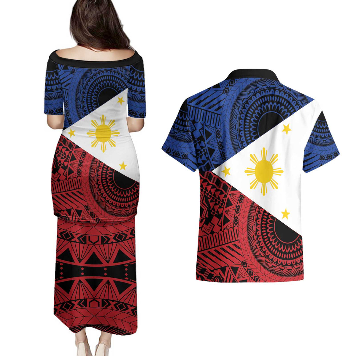 Philippines National Flag Day Couples Matching Puletasi and Hawaiian Shirt Filipino Tribal Pattern