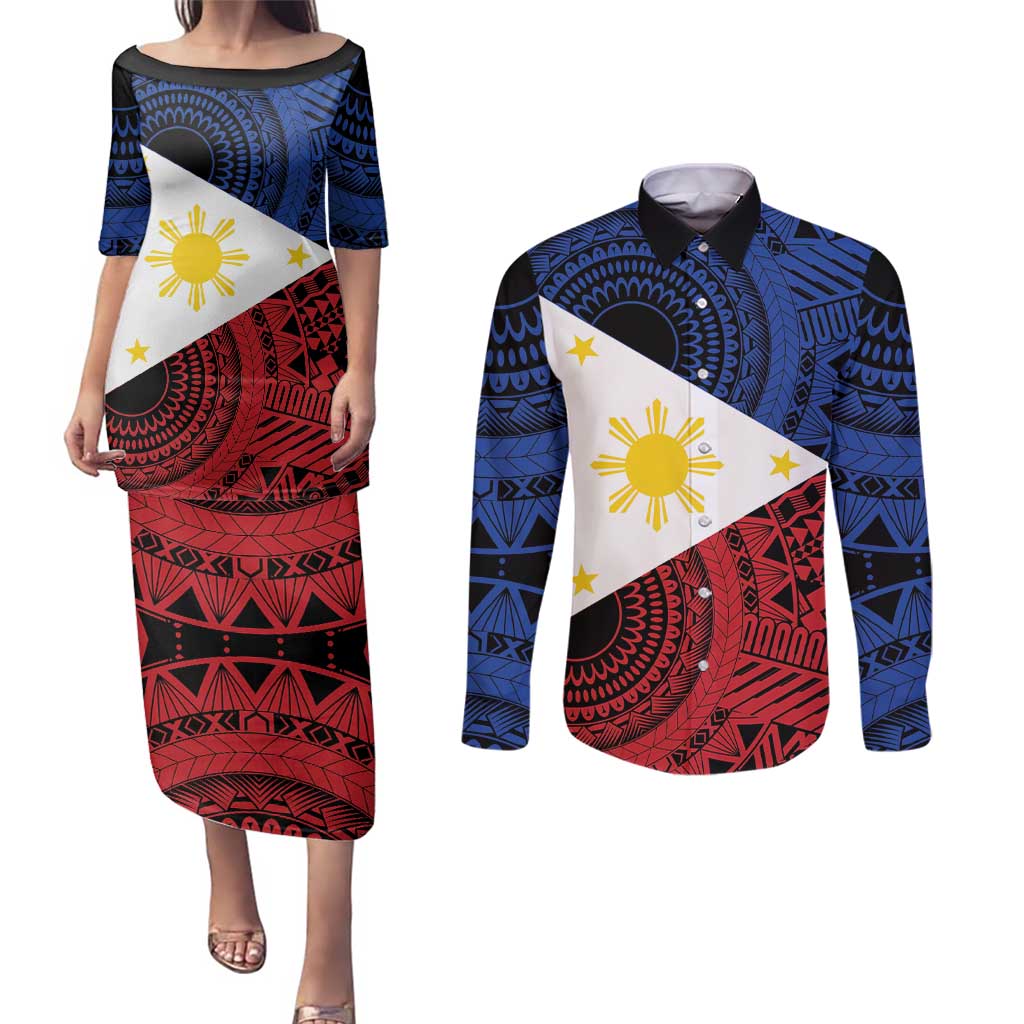 Philippines National Flag Day Couples Matching Puletasi and Long Sleeve Button Shirt Filipino Tribal Pattern