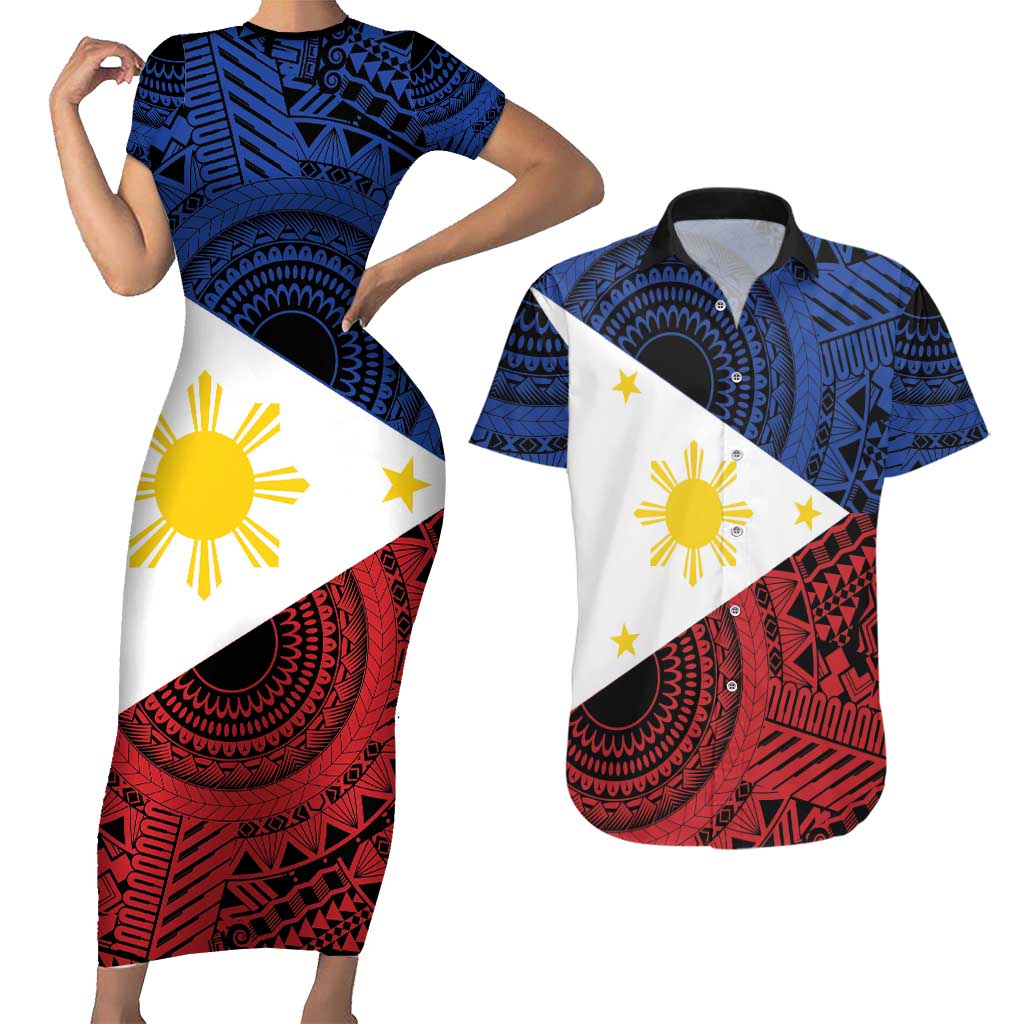 Philippines National Flag Day Couples Matching Short Sleeve Bodycon Dress and Hawaiian Shirt Filipino Tribal Pattern