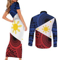 Philippines National Flag Day Couples Matching Short Sleeve Bodycon Dress and Long Sleeve Button Shirt Filipino Tribal Pattern