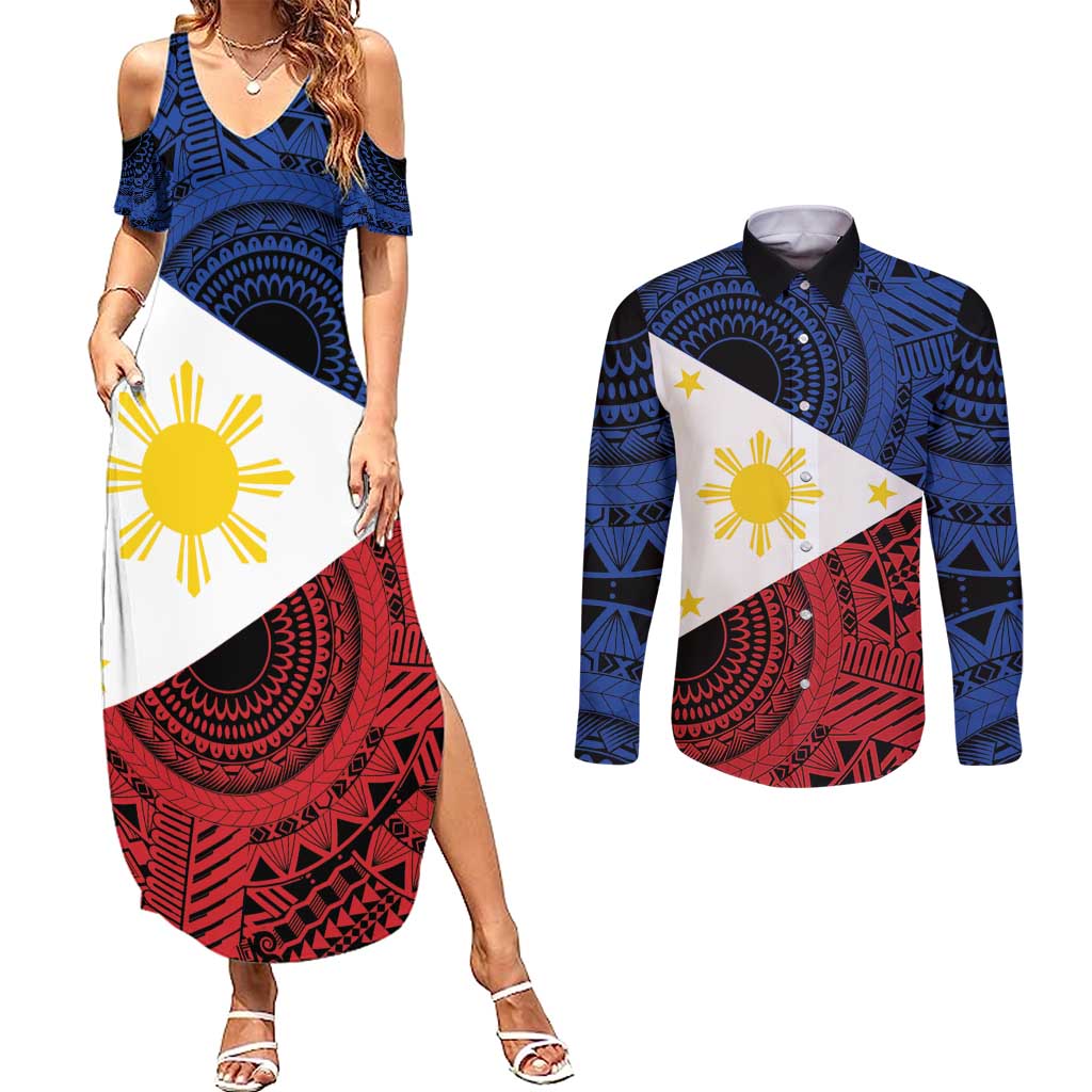 Philippines National Flag Day Couples Matching Summer Maxi Dress and Long Sleeve Button Shirt Filipino Tribal Pattern