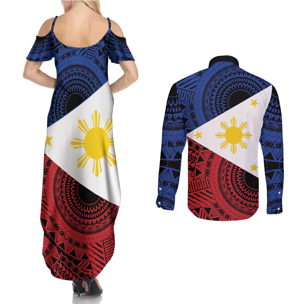 Philippines National Flag Day Couples Matching Summer Maxi Dress and Long Sleeve Button Shirt Filipino Tribal Pattern