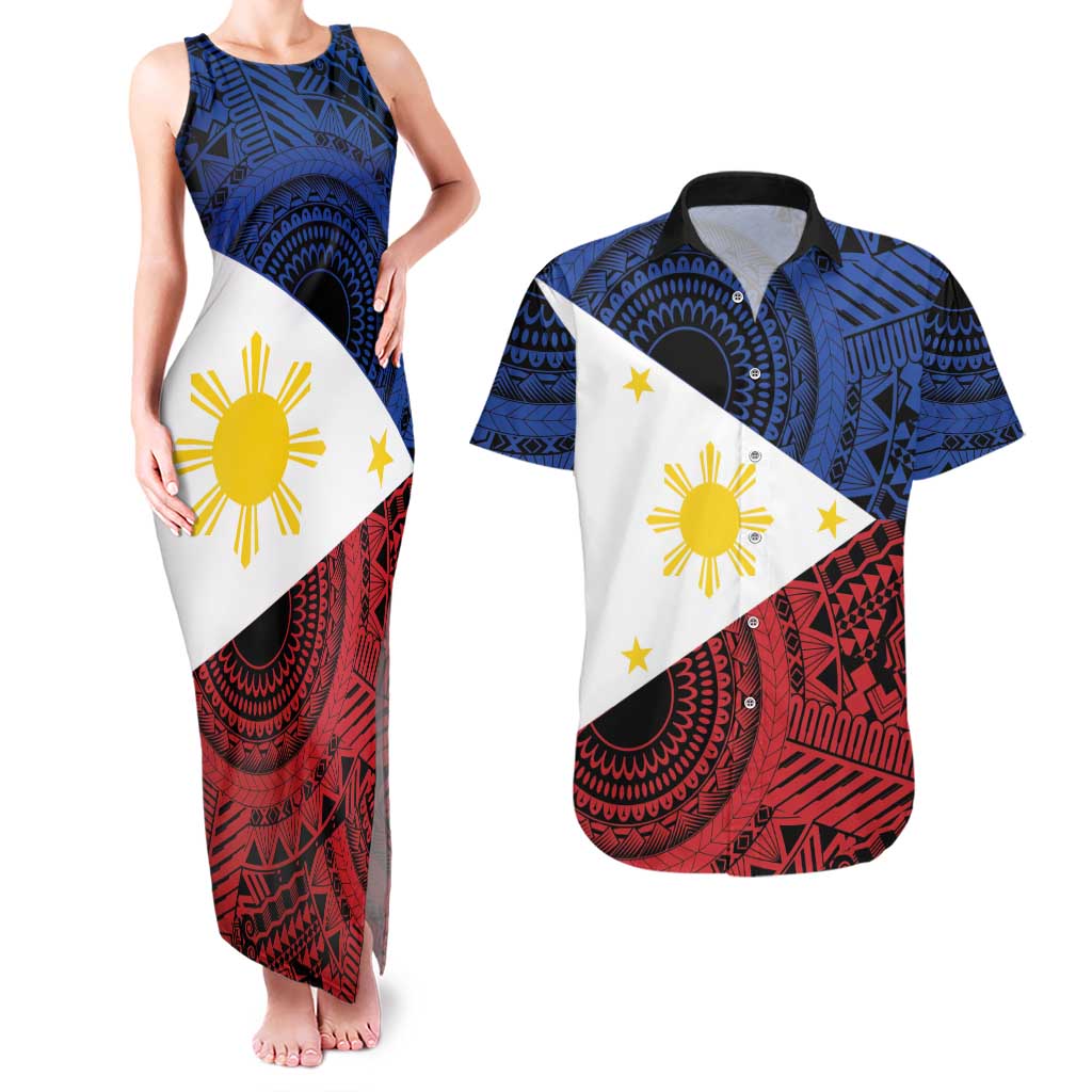 Philippines National Flag Day Couples Matching Tank Maxi Dress and Hawaiian Shirt Filipino Tribal Pattern
