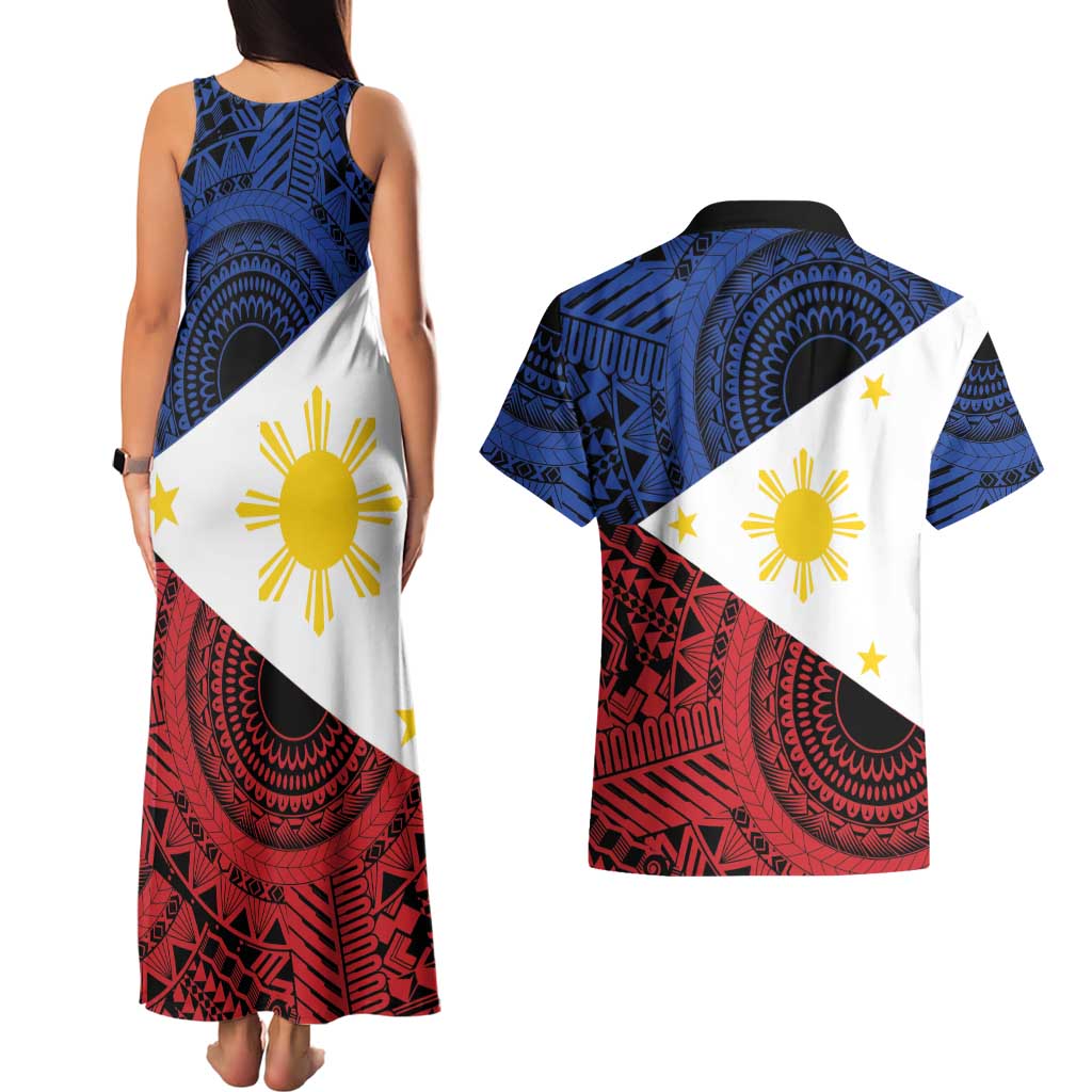 Philippines National Flag Day Couples Matching Tank Maxi Dress and Hawaiian Shirt Filipino Tribal Pattern