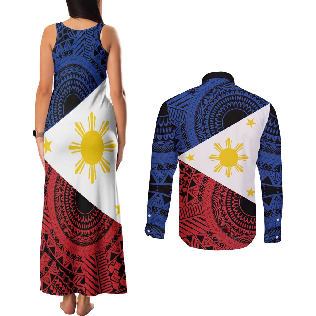 Philippines National Flag Day Couples Matching Tank Maxi Dress and Long Sleeve Button Shirt Filipino Tribal Pattern