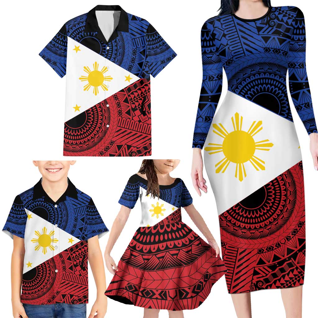 Philippines National Flag Day Family Matching Long Sleeve Bodycon Dress and Hawaiian Shirt Filipino Tribal Pattern