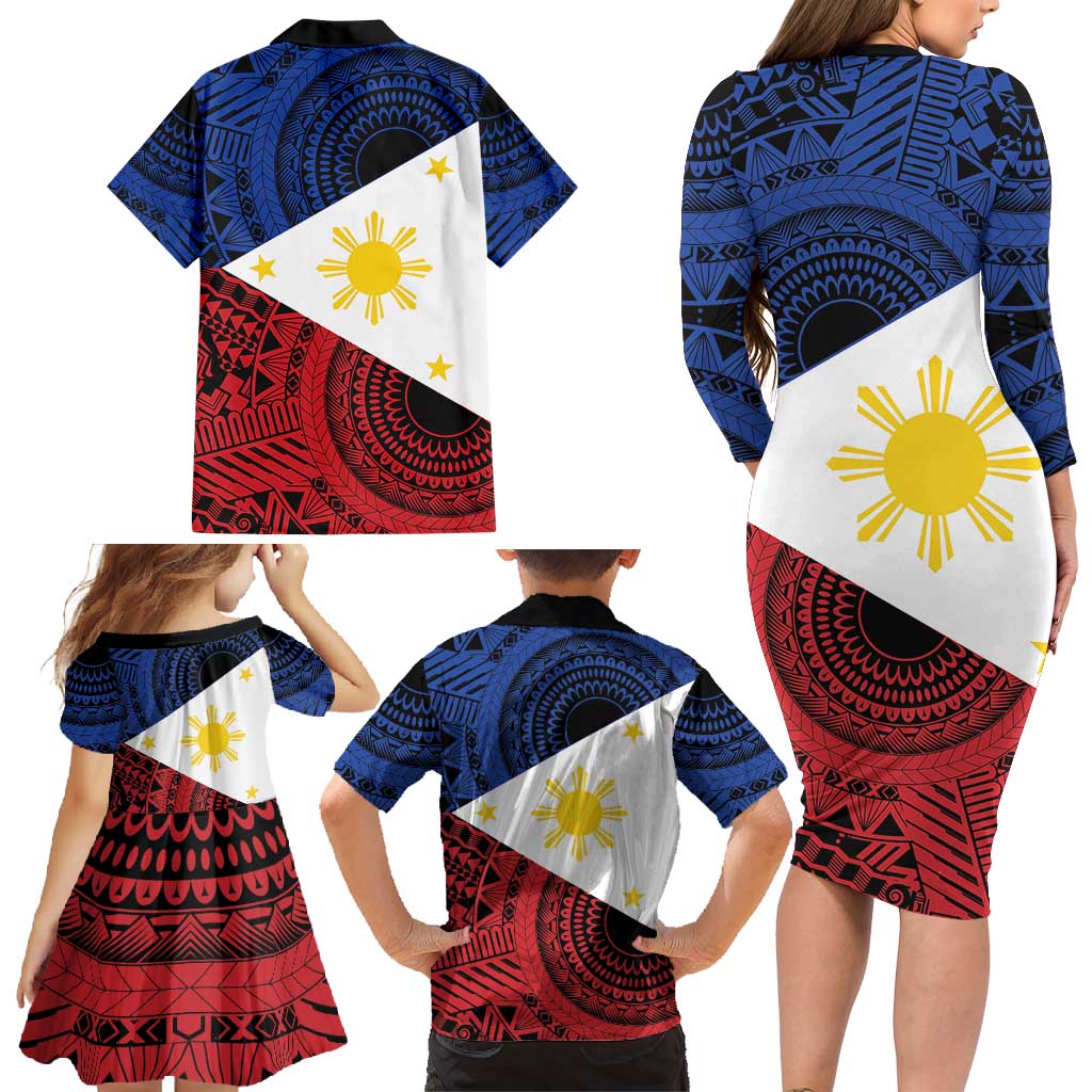 Philippines National Flag Day Family Matching Long Sleeve Bodycon Dress and Hawaiian Shirt Filipino Tribal Pattern