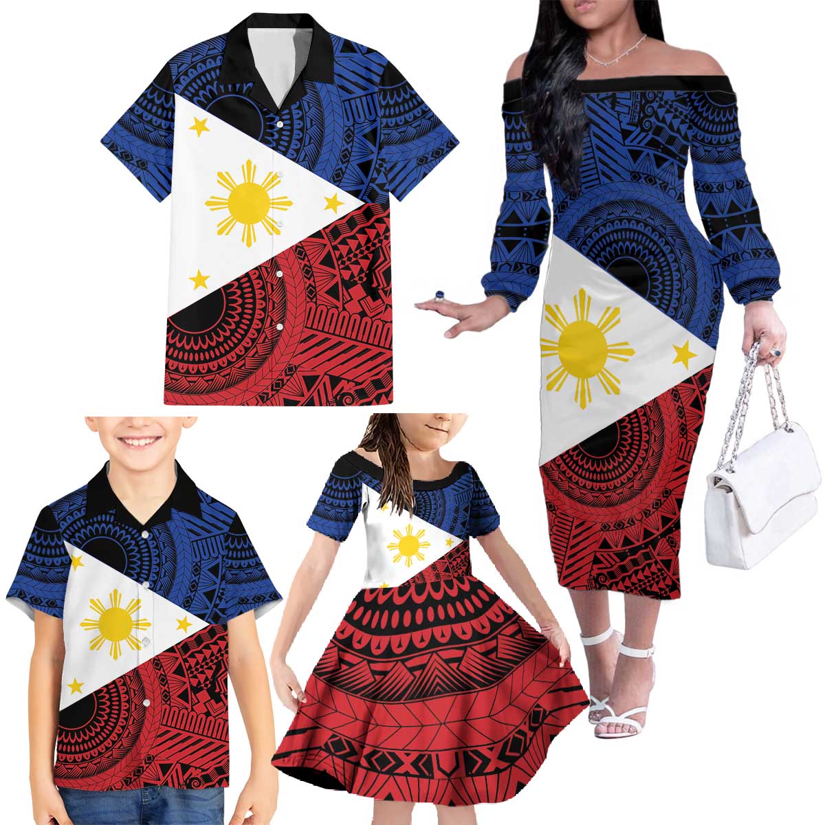 Philippines National Flag Day Family Matching Off The Shoulder Long Sleeve Dress and Hawaiian Shirt Filipino Tribal Pattern