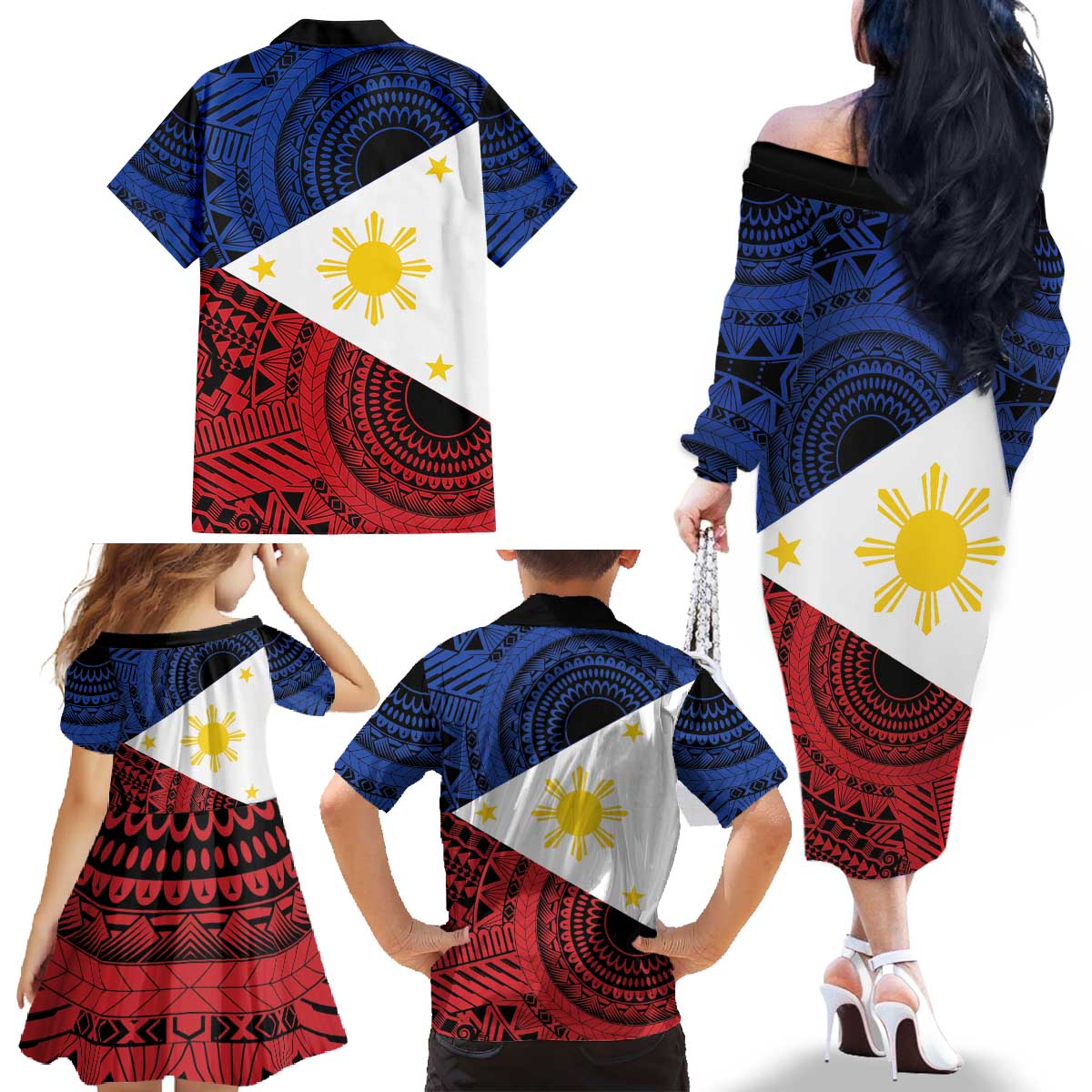 Philippines National Flag Day Family Matching Off The Shoulder Long Sleeve Dress and Hawaiian Shirt Filipino Tribal Pattern