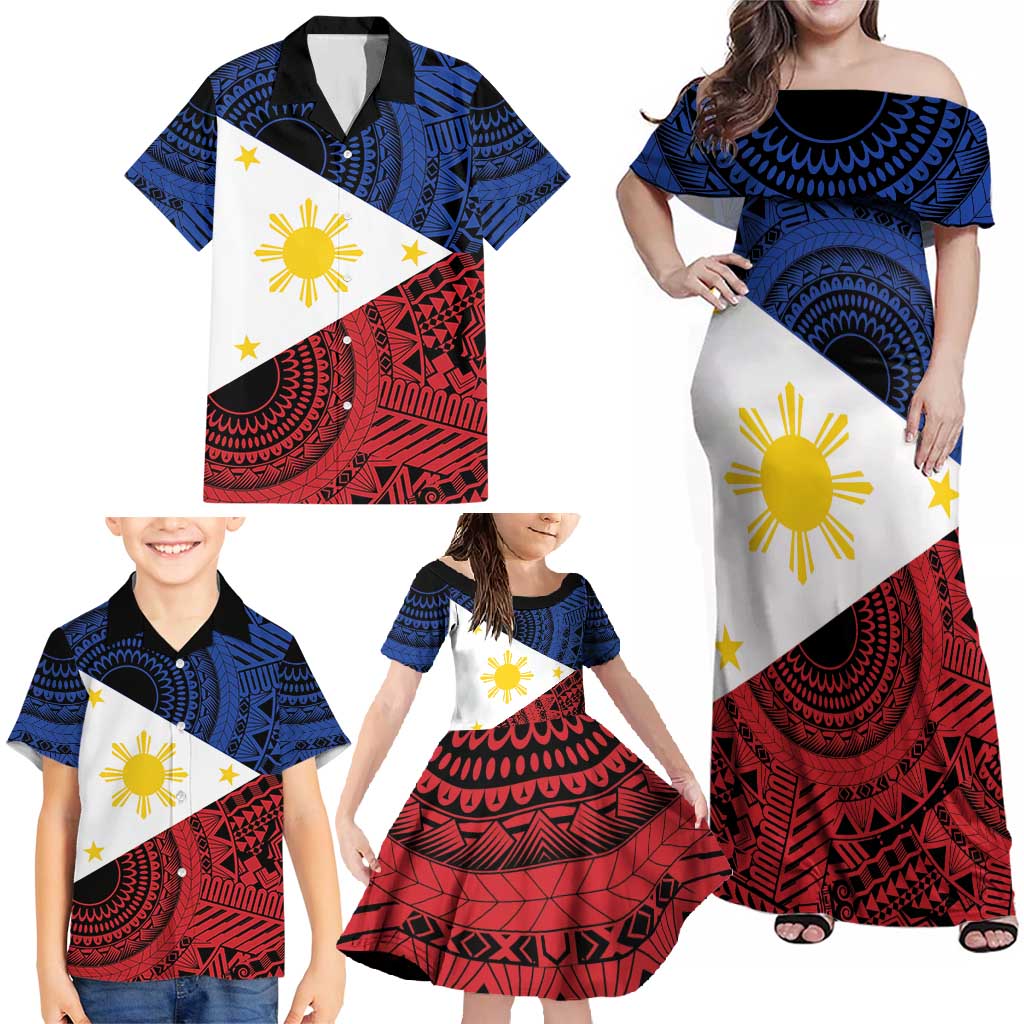Philippines National Flag Day Family Matching Off Shoulder Maxi Dress and Hawaiian Shirt Filipino Tribal Pattern