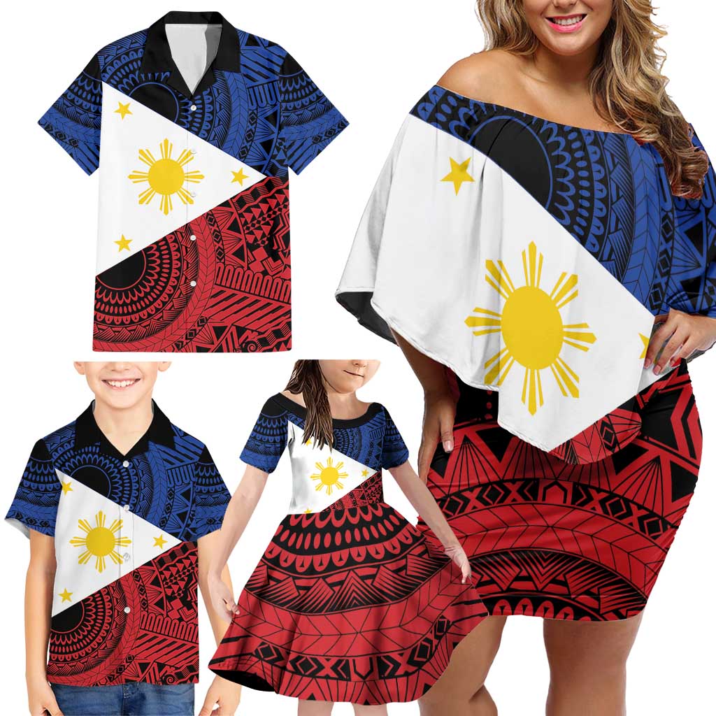 Philippines National Flag Day Family Matching Off Shoulder Short Dress and Hawaiian Shirt Filipino Tribal Pattern