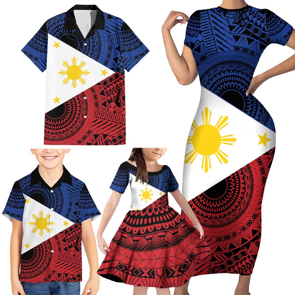 Philippines National Flag Day Family Matching Short Sleeve Bodycon Dress and Hawaiian Shirt Filipino Tribal Pattern