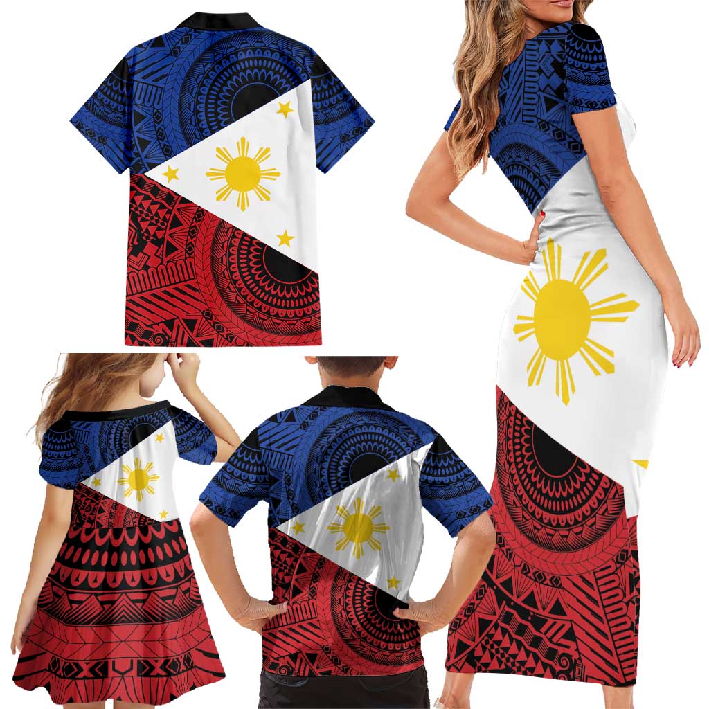 Philippines National Flag Day Family Matching Short Sleeve Bodycon Dress and Hawaiian Shirt Filipino Tribal Pattern