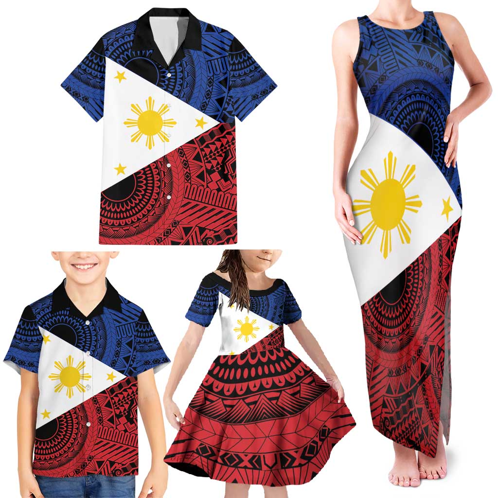 Philippines National Flag Day Family Matching Tank Maxi Dress and Hawaiian Shirt Filipino Tribal Pattern