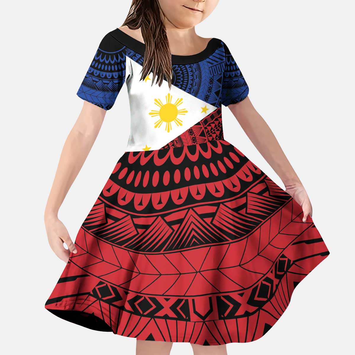 Philippines National Flag Day Kid Short Sleeve Dress Filipino Tribal Pattern