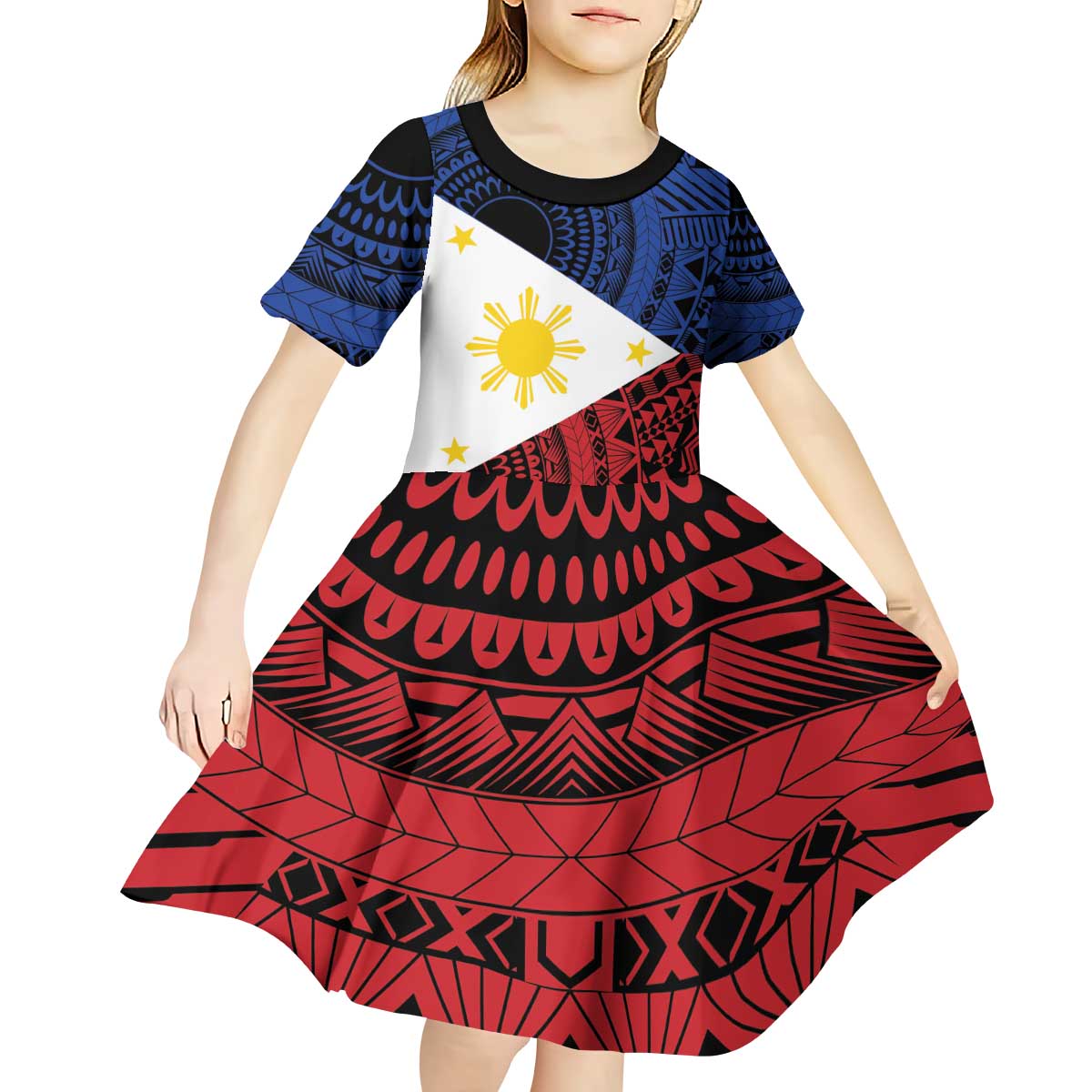 Philippines National Flag Day Kid Short Sleeve Dress Filipino Tribal Pattern